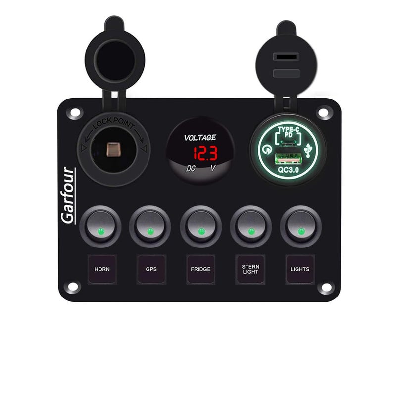 Garfour 5 Gang Red Switch Panel 12 Volt ON-Off Switch Panel Blue LED with Inline Fuse QC 3.0 USB and Type C Charger Socket Digital Voltmeter 12V Cigarette Lighter Socket for Marine Boat Car - Image 1